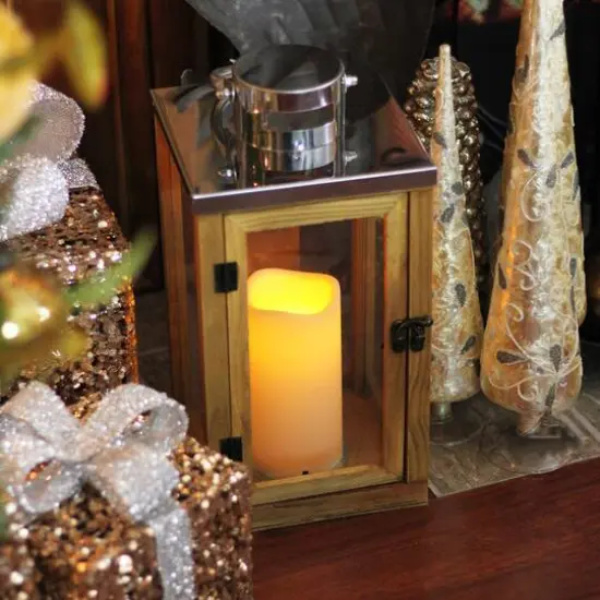 13.75" Rustic Wood and Glass Flameless Pillar Candle Lantern {7}