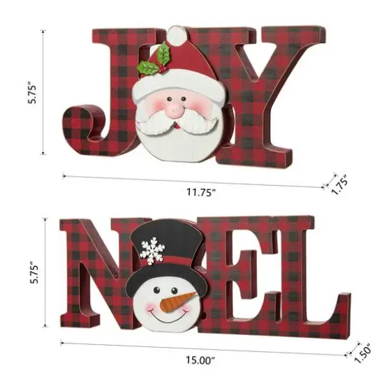 Glitzhome&reg; 2-Piece JOY and NOEL Wooden Christmas Plaid Table D&eacute;cor {9}