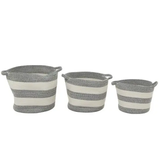 Gray Cotton Handmade Striped Storage Basket with Handles Set of 3 14", 12", 10" {1}