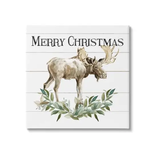 Stupell Industries Merry Christmas Moose Laurel Canvas Wall Art {1}