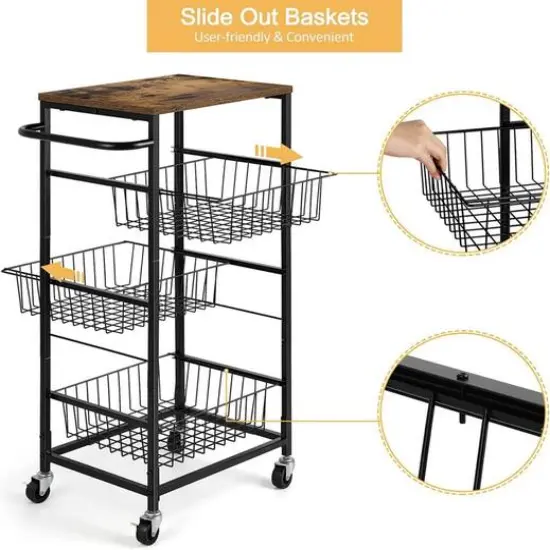 Black 4-Tier Metal Rolling Kitchen Cart {4}