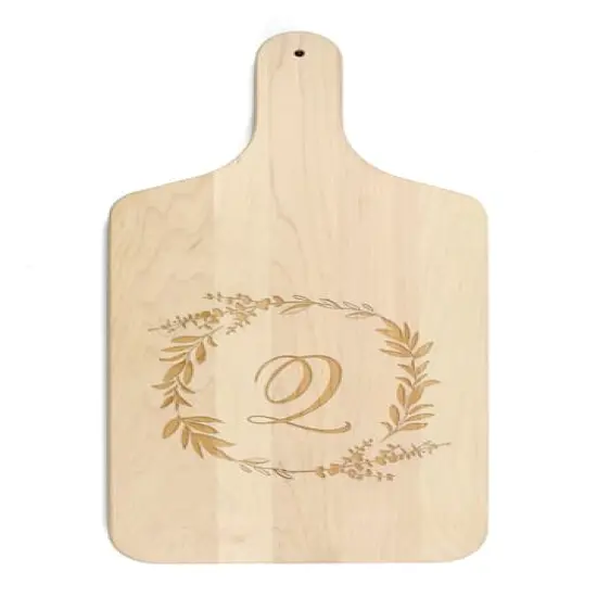 Floral Wreath Monogram Maple Paddle Cutting Board Q {1}
