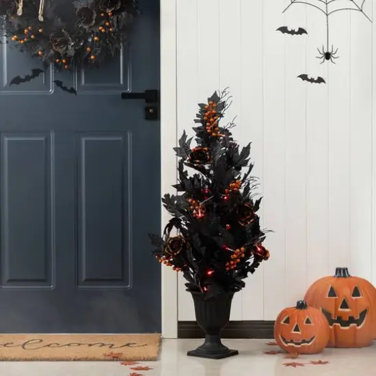 Glitzhome&reg; 36"H Halloween Lighted Black Rose with Orange Glitter Urn Porch Tree with Timer {3}