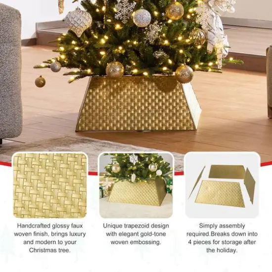 Glitzhome&reg; 25.75" Gold Trapezoid Metal Weave Tree Collar {8}