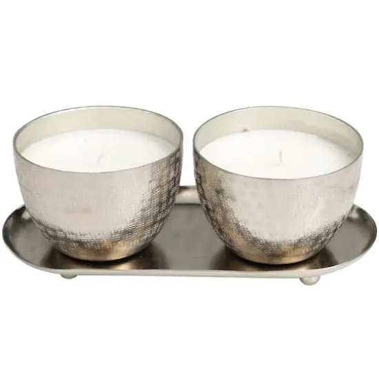 Campfire Scented Candles in Silver Grid Patterned Bowls Set {1}