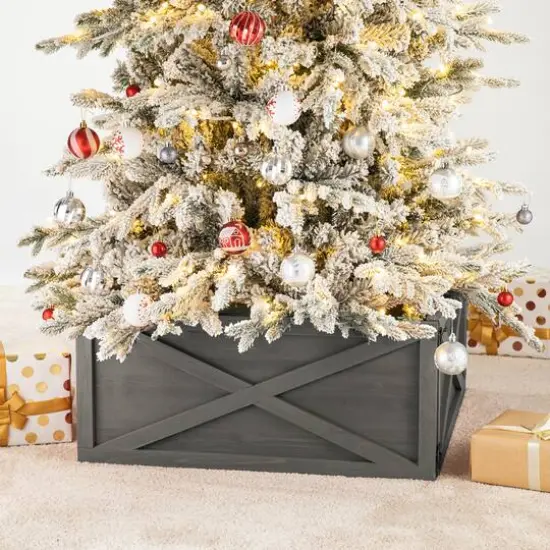 Glitzhome&reg; 26" Warm Gray Wooden Tree Collar {3}