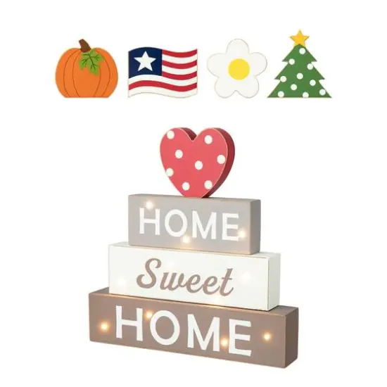Glitzhome&reg; 13" Lighted Wooden Block Word Sign with Changeable Top {8}