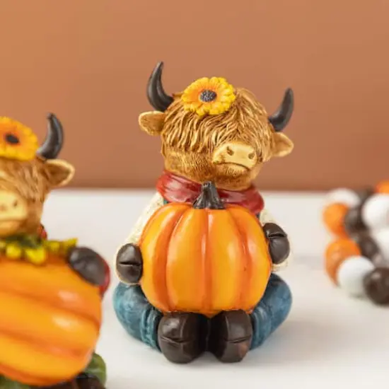 Glitzhome&reg; 4.25" Fall Resin Highland Cow Table Decor Set {5}