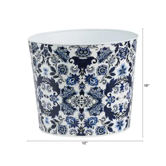 12" Oriental Blue and White Classic Round Metal Planter {3}
