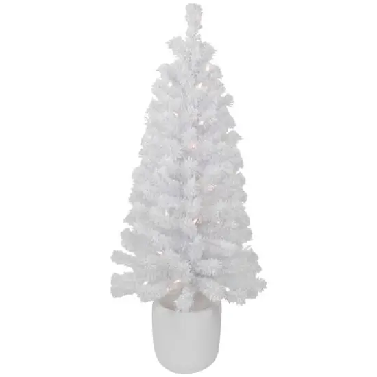 3.5ft. Pre-Lit Flocked White Winter Pine Tinsel Artificial Potted Christmas Tree, Clear Lights {1}