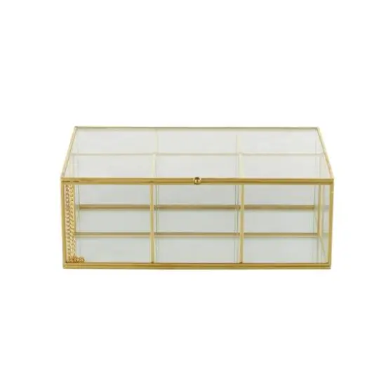 10" x 7" x 4" Clear & Gold 6-Slot Glass & Metal Jewelry Box with Chain Accent {7}