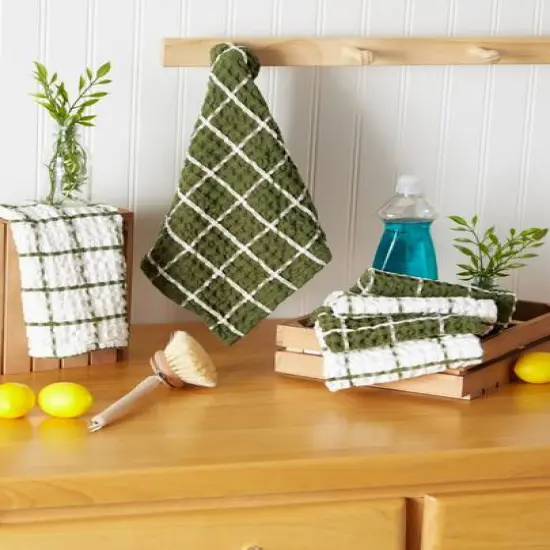 DII® Windowpane Oversized Washed Waffle Dishcloth Set Green/White {7}