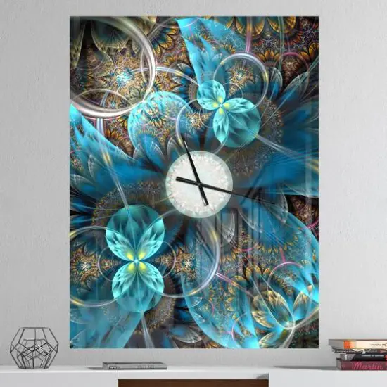 Designart 'Fractal Blue Flowers Modern Rectangular Wall Clock {3}