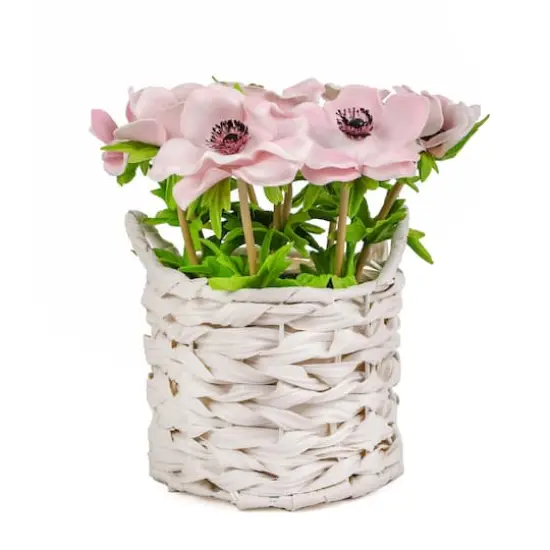10" Anemone Flower Bouquet In White Basket Pink {1}
