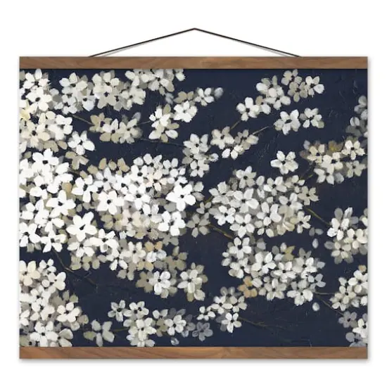 White Blossoms on Navy Teak Hanging Canvas {1}