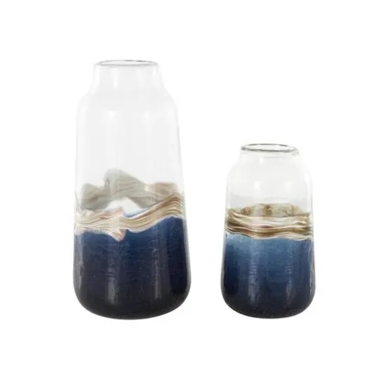 Dark Blue Glass Abstract Textured Swirl Decorative Vase Set with Gold & Cream Accents {8}