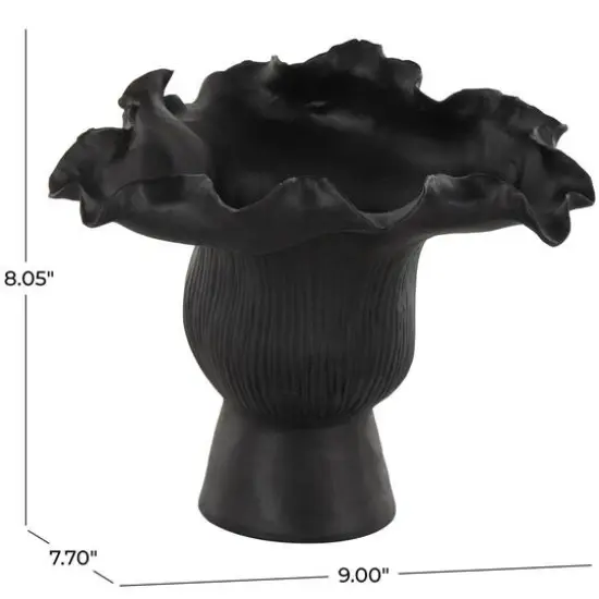 9" Black Ceramic Abstract Floral Inspired Vase with Linear Grooves {8}