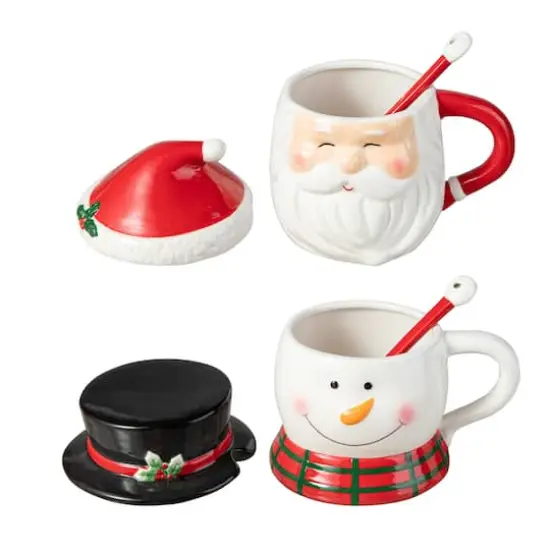 Glitzhome&reg; Christmas Ceramic Santa & Snowman Mug with Lid & Spoon Set {7}