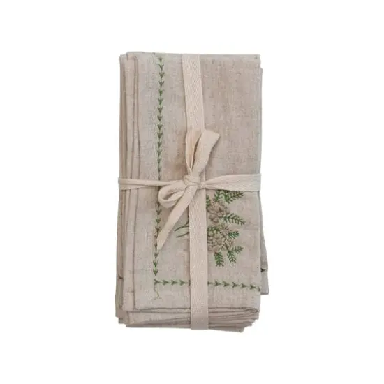 Hello Honey&reg; 18" Natural & Green Square Cotton & Linen Napkins with Botanical Embroidery, 4ct. {1}