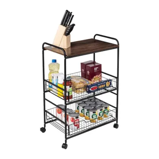 Honey Can Do Black/Walnut 3-Tier Rolling Cart {5}