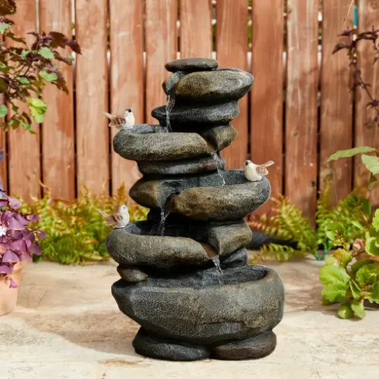 Glitzhome&reg; 23" Natural LED 5-Tier Stacked Stone Outdoor Fountain {6}