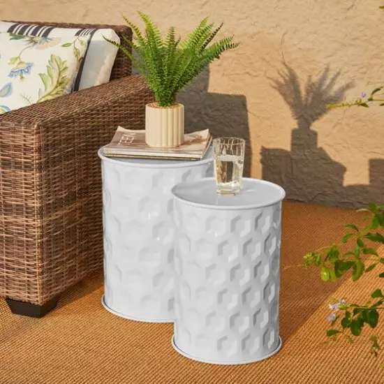 Glitzhome&reg; Multifunctional Embossed Honeycomb Texture Metal Garden Stool Set White {3}