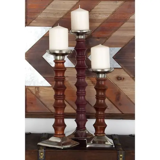 Brown Wood & Aluminum Pillar Candle Holder Set {9}