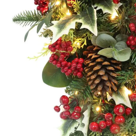 28" Battery-Operated Pre-Lit Decorated Artificial Swag with Red Bow {5}