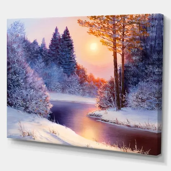 Designart Christmas Forest with River Landscapes Canvas Art {4}