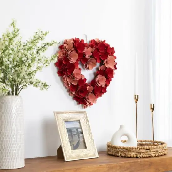 15" Red & Pink Wooden Floral Artificial Valentine's Day Wreath {3}