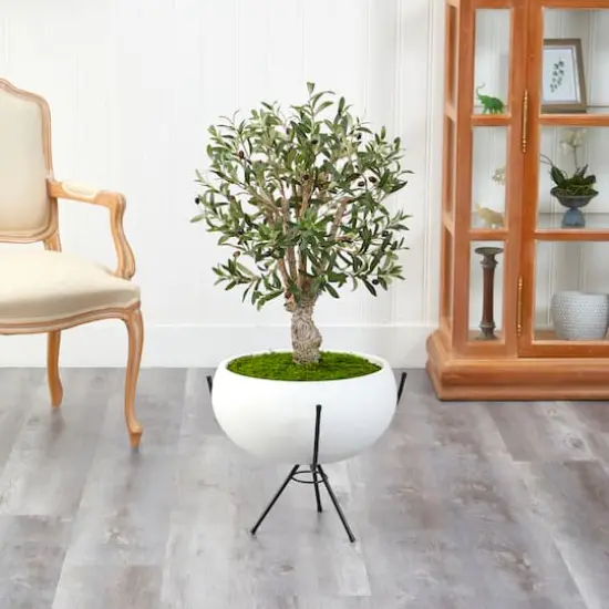 3ft. Olive Artificial Tree in White Planter with Metal Stand {4}