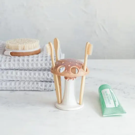 Hello Honey&reg; 5" Brown & White Mushroom Motif Stoneware Toothbrush Holder {3}