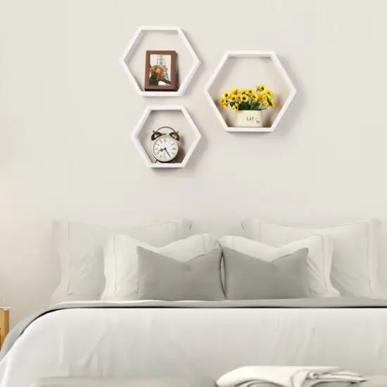 NEX&trade; White Wall-Mounted Hexagon Floating Shelves Set {7}