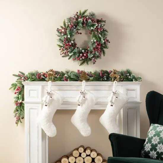 Glitzhome&reg; 21"L White Plush Christmas Stocking with Reindeer Ornament {6}