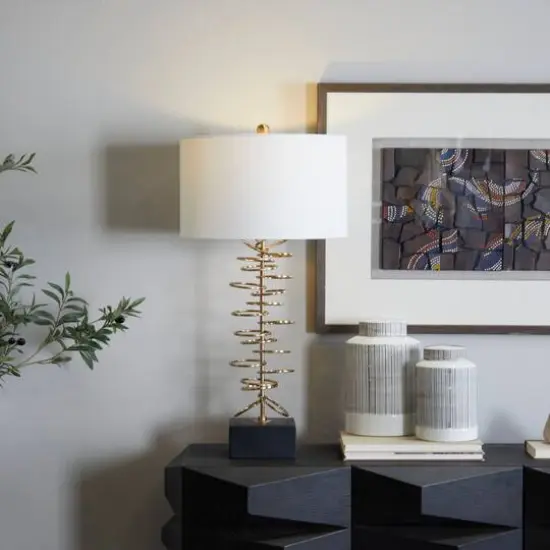 Gold Metal Gold Stacked Ring Table Lamp with Drum Shade 15" x 15" x 30" {9}