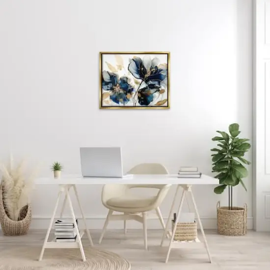 Stupell Industries Blue Swirling Modern Flowers Floater Framed Art Gold {3}