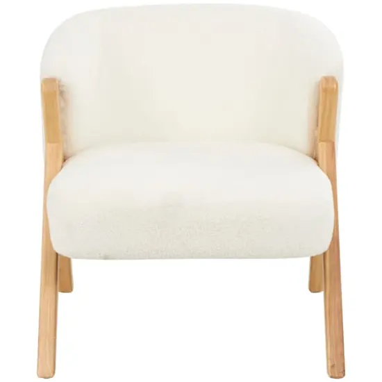 White Polyester Rounded Boucle Accent Chair with Angled Wooden Legs {4}