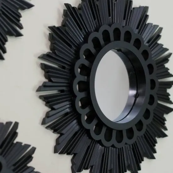 9.5" Floral Sunburst Matte Black Round Mirror Set {3}