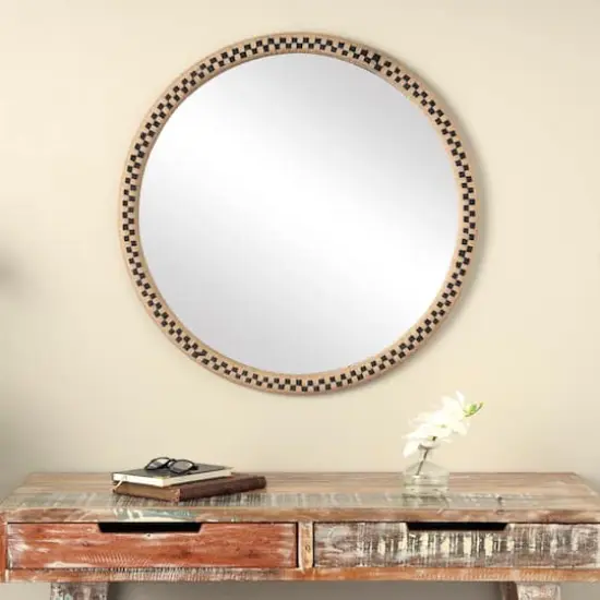 Woven Checkered Rattan Framed Round Wall Mirror {3}