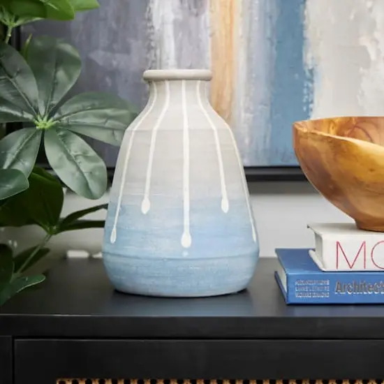 10" Blue & Gray Ceramic Abstract Ombre Drip Vase {3}