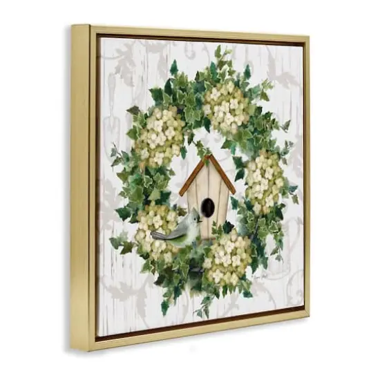 Stupell Industries Spring Birdhouse Wreath Floater Framed Art Gold {4}