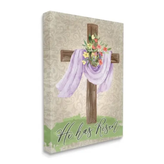 Stupell Industries He Has Risen Spring Floral Cross Brown Damask Pattern Canvas Wall Art {4}