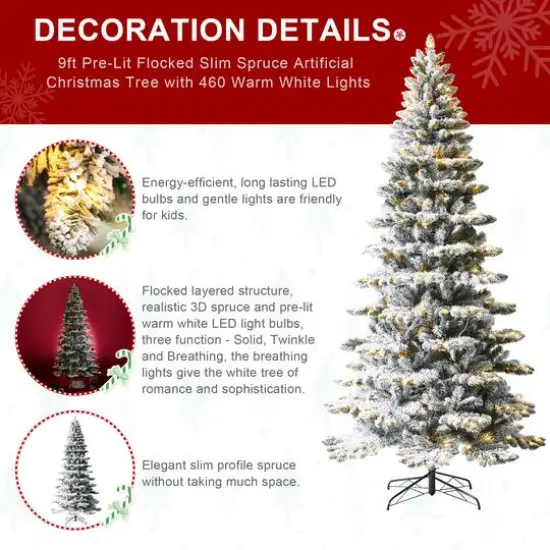 9ft. Pre-Lit Flocked Slim Spruce Artificial Christmas Tree, Warm White LED Lights {8}