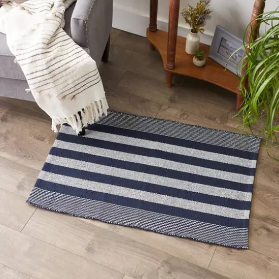 DII&reg; Cabana Stripe Handwoven Recycled Yarn Rug, 2ft. x 3ft. Nautical Blue {4}