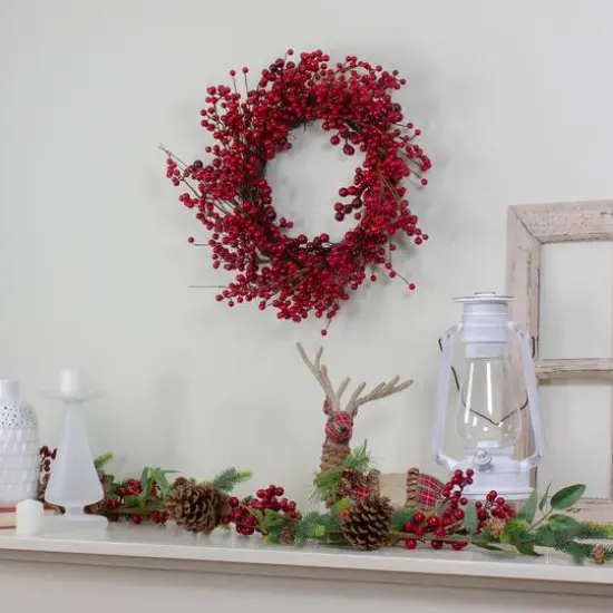 20" Shiny Red Berry Artificial Wreath with Brown Twig Accents, Unlit {5}
