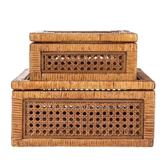 Hello Honey® Dark Brown Modern Decorative Square Woven Rattan & Wood Display Box Set with Glass Top {10}
