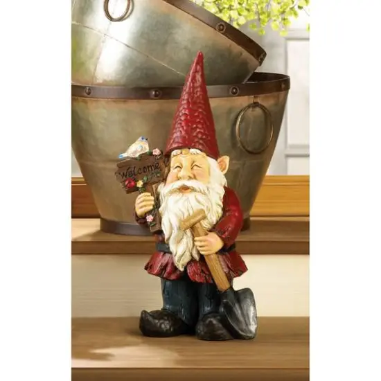 15" Welcome Gnome Solar Garden Statue {3}