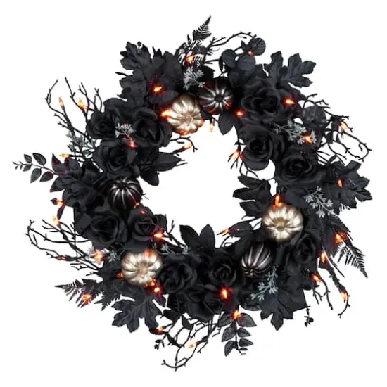 24" Chic Eek Black Flower & Pumpkin Halloween Pre-Lit LED Wreath {1}