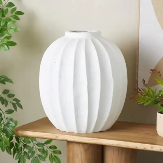 17.75" White Wide Magnesium Oxide Vase with Carved Grooves {3}