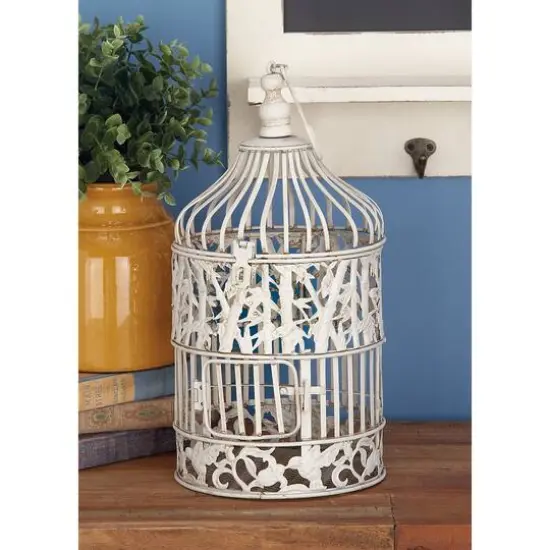 Vintage Distressed White Metal Floral Bird Cage Set {6}
